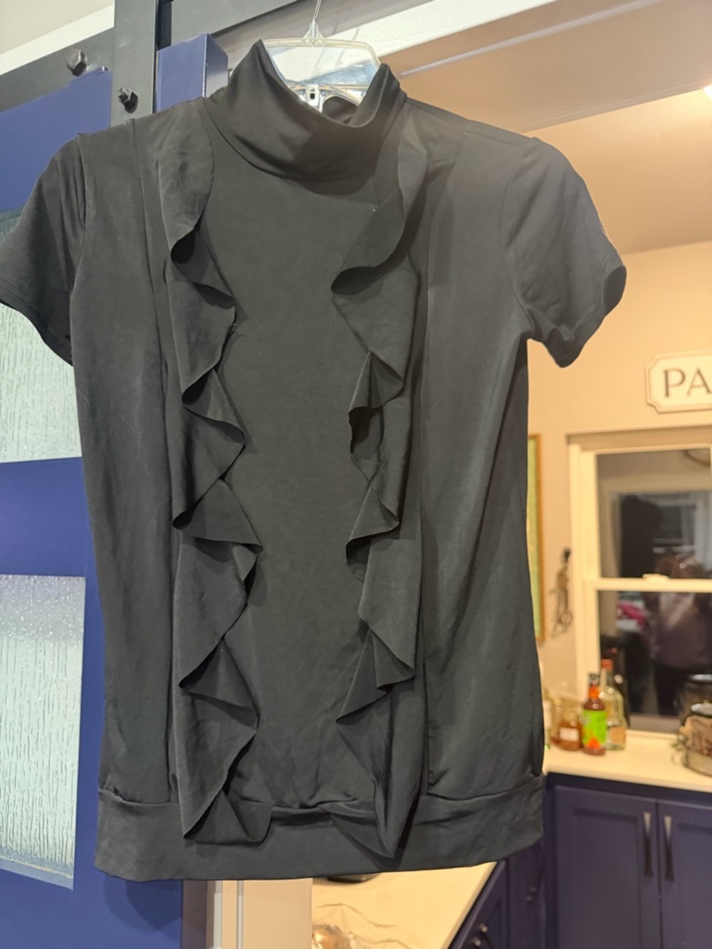 Black Ruffle-Front Short Sleeve Blouse